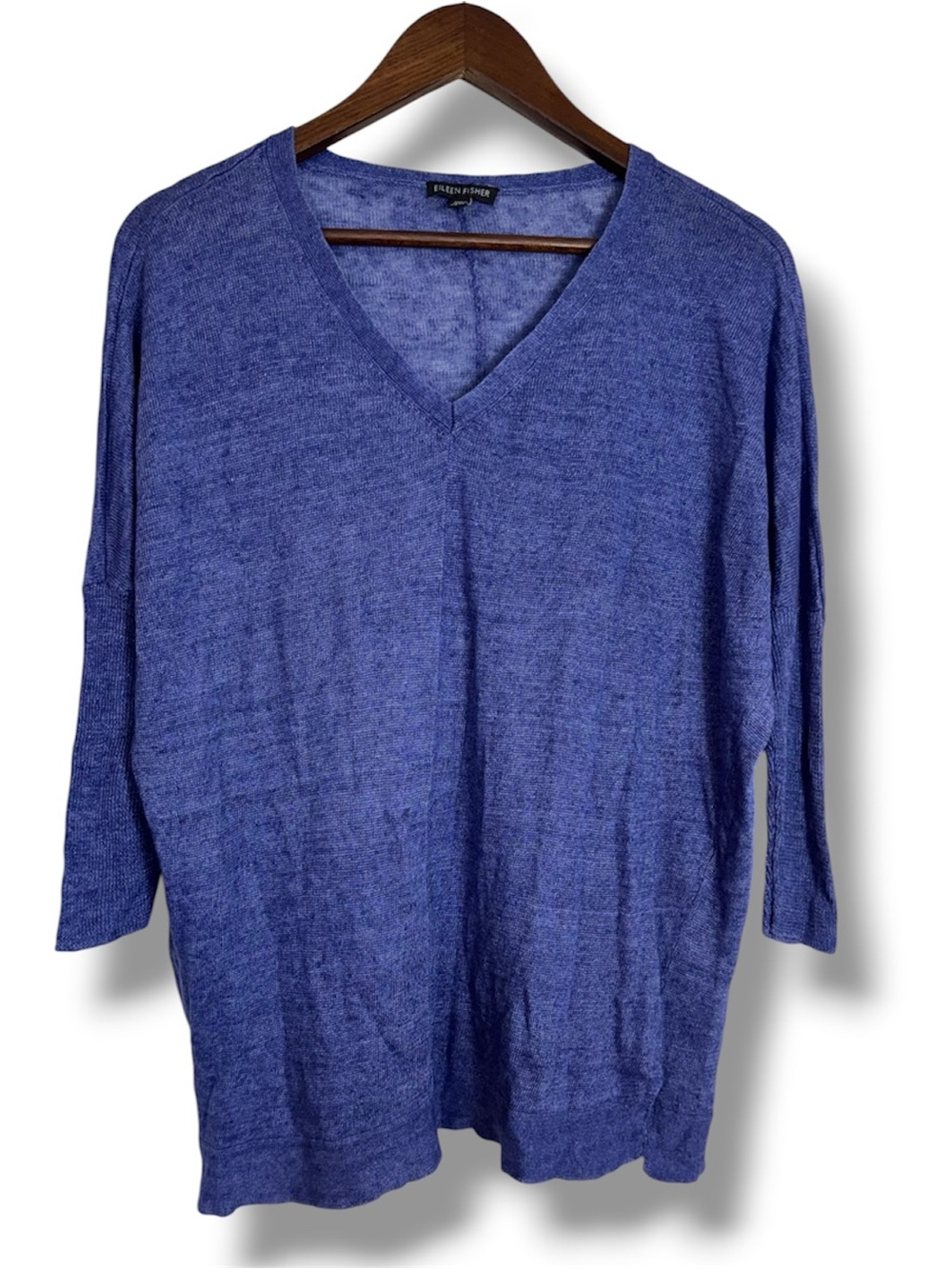 Eileen Fisher Blue 100% Linen V-Neck Blouse Women’s XS Oversized 3/4 Sleeve